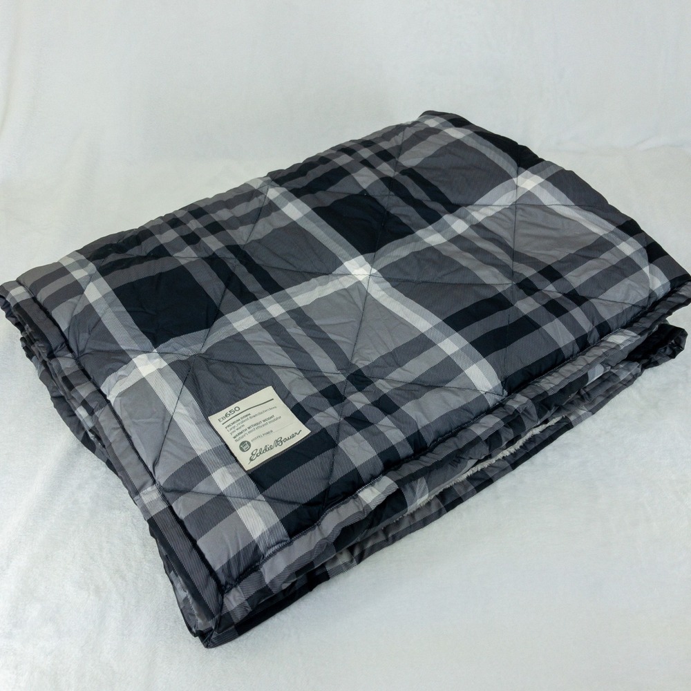 Eddie Bauer Premium Down Throw Blanket 72x50 Grey Plaid EB650 Fill Power Lined